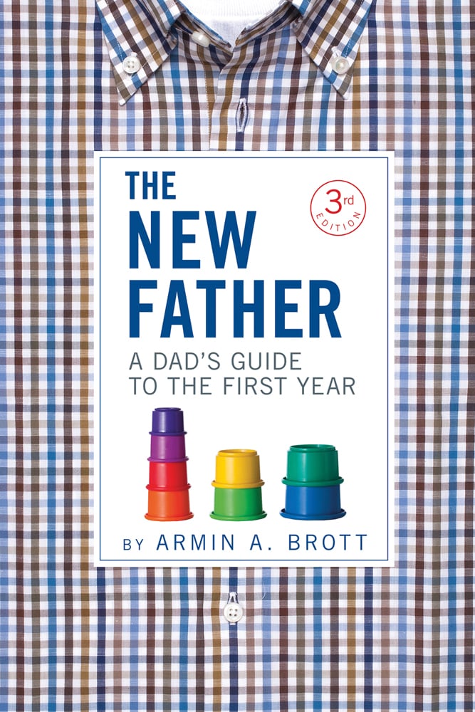 Blue and brown checked shirt THE NEW FATHER A DAD'S GUIDE TO THE FIRST YEAR in blue and grey font to centre of white banner.