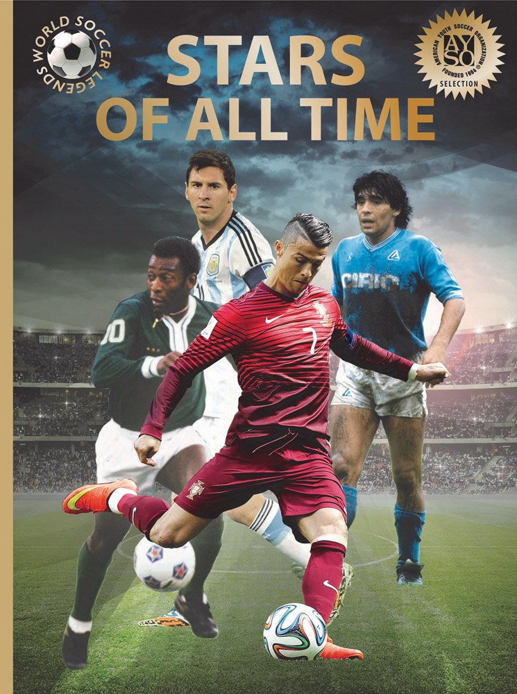 Book cover of Illugi Jökulsson's Stars of All Time, featuring Pele, Lionel Messi, Cristiano Ronaldo and Diego Maradona in action on stadium pitch. Published by Abbeville Press.