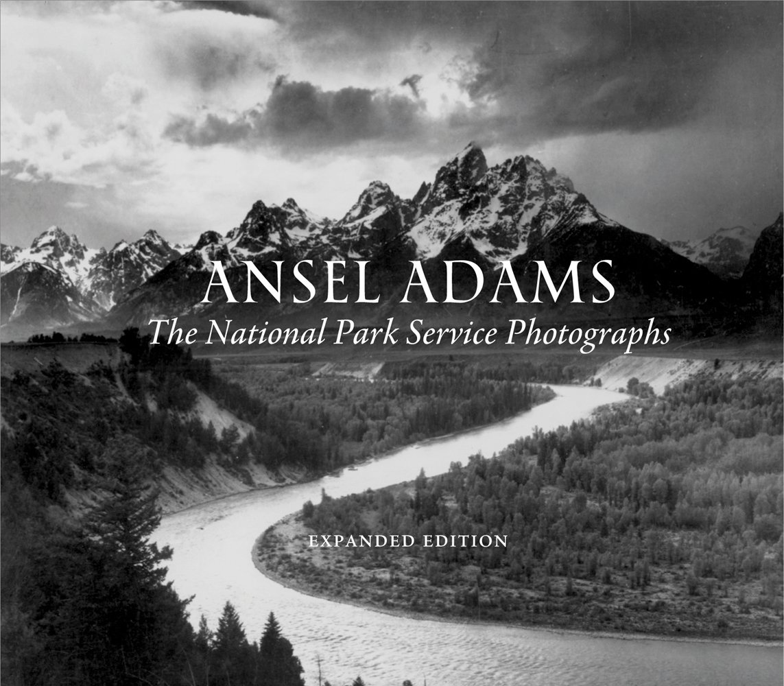 American National park landscape, winding river, mountainous backdrop, ANSEL ADAMS The National Parks Service Photographs in white font above.