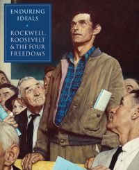 Painting, Freedom Of Speech, by Norman Rockwell. 1943, man in brown jacket standing up to deliver speech, ENDURING IDEALS in white font on blue banner to upper left.