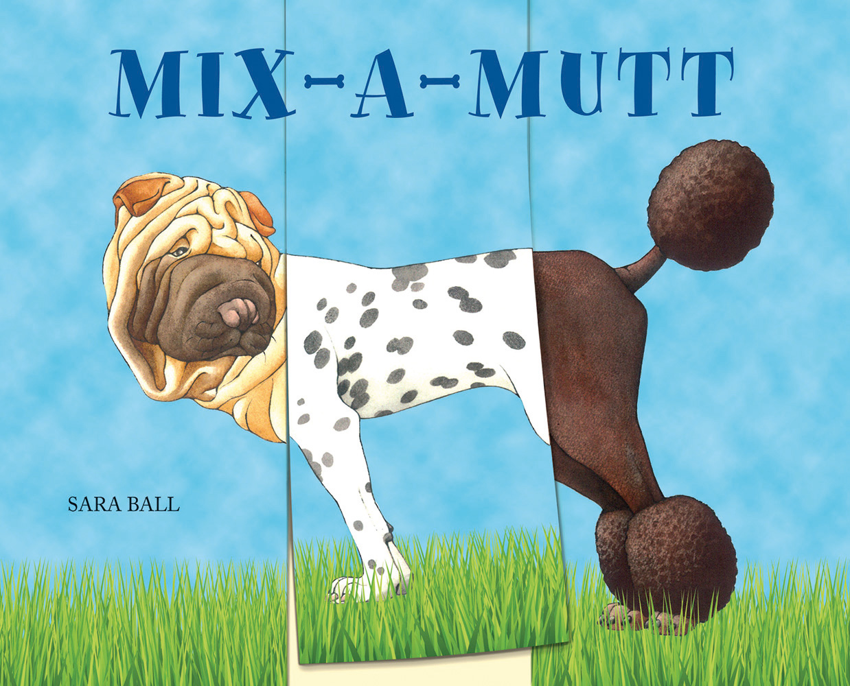 3 sections, head of Shar-Pei body of Dalmatian and tail of poodle, MIX-A-MUTT SARA BALL in blue and black font above and below.