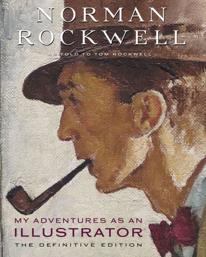 Man wearing trilby hat, smoking pipe, NORMAN ROCKWELL MY ADVENTURES AS AN ILLUSTRATOR in white and purple font above and below.