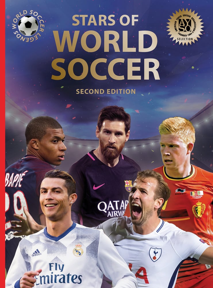 Cristiano Ronaldo, Kylian Mbappé, Lionel Messi, Kevin De Bruyne and Harry Kane superimposed in action on pitch, STARS OF WORLD SOCCER: 2ND EDITION in gold font above.