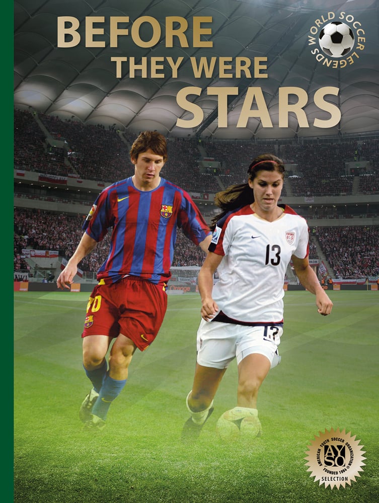 Book cover of Before They Were Stars, featuring footballers Lionel Messi and Alex Morgan in action on stadium pitch. Published by Abbeville Press.