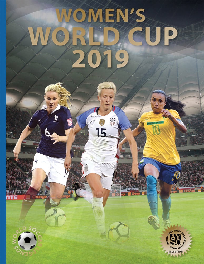 Amandine Henry, Megan Rapinoe and Marta Vieira da Silva, superimposed in action on stadium cover, WOMEN'S WORLD CUP 2019 in gold font above.