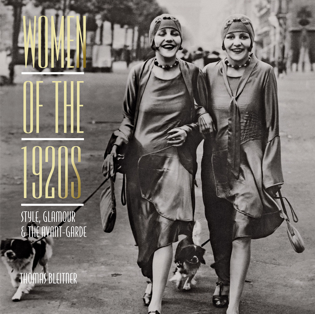 Book cover of Women of the 1920s: Style, Glamour, and the Avant-Garde, featuring The Dodge Sisters, Betty and Beth, walking down street with their dogs on leads. Published by Abbeville Press.