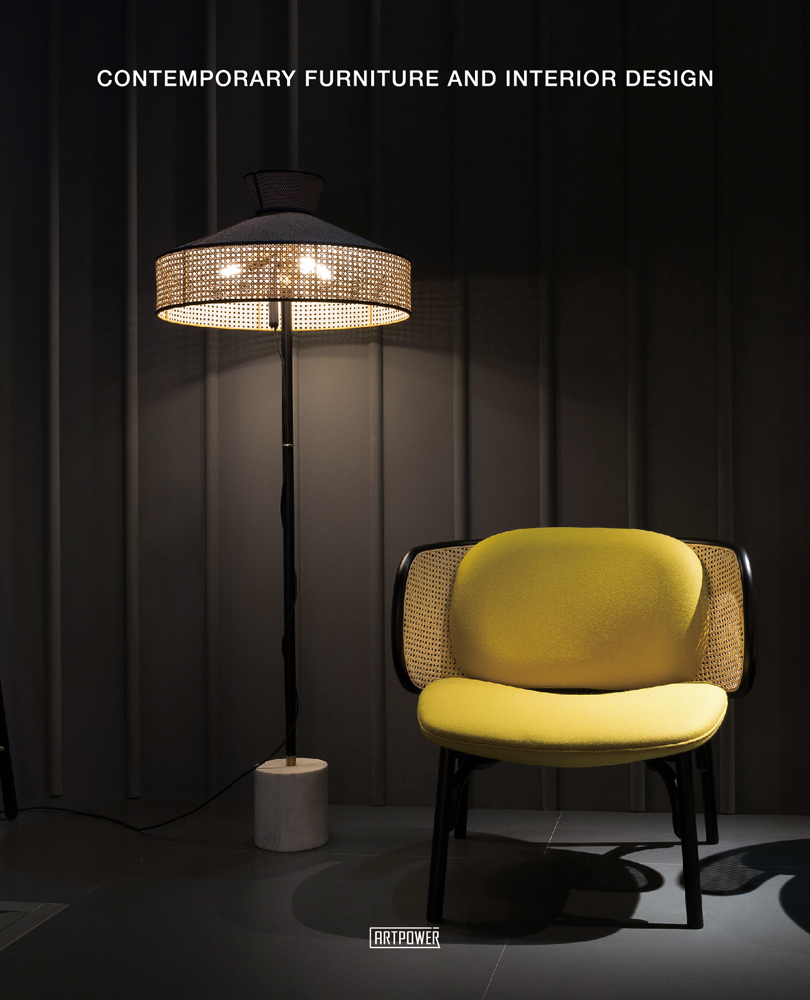 Bright yellow chair with wicker surround, illuminated lamp with grey panelled wall, Contemporary Furniture and Interior Design in white font above