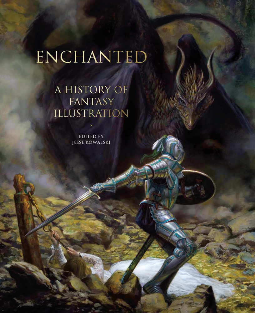 Fantasy illustration, St. George and the Dragon by Donato Giancola, Knight in shining armour fighting dragon, ENCHANTED A HISTORY OF FANTASY ILLUSTRATION in gold font to upper left.
