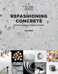 Grey wall, with products made from concrete below, on cover of 'Refashioning Concrete ', by ACC Art Books.