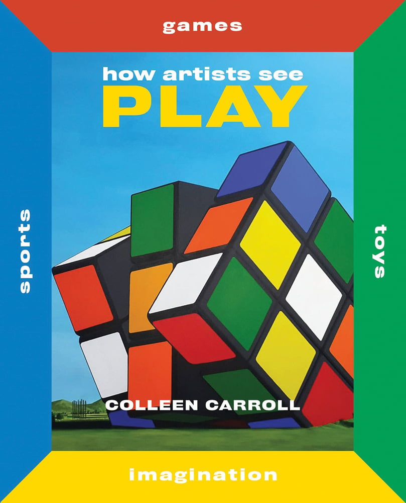3 sections of Rubik cube in mid turn, blue cover with red, blue, green and yellow border, How Artists See Play in white and yellow font above.