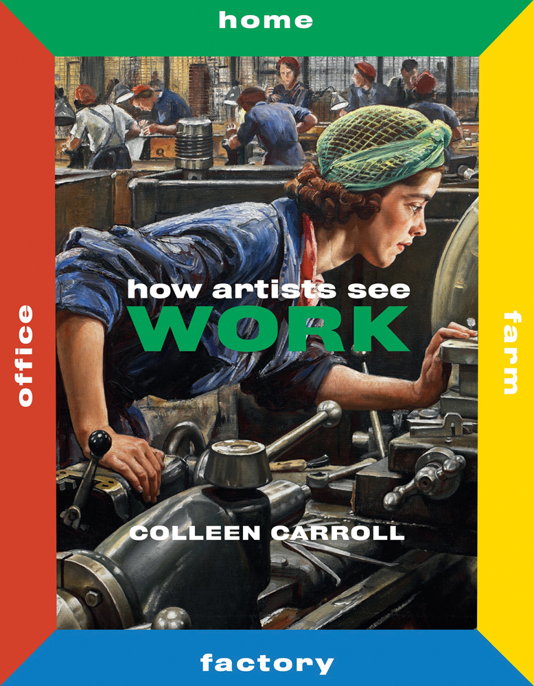 Painting by Laura Knight of woman in blue overalls and hair net working at lathe in industrial factory with How Artists See Work in white and green