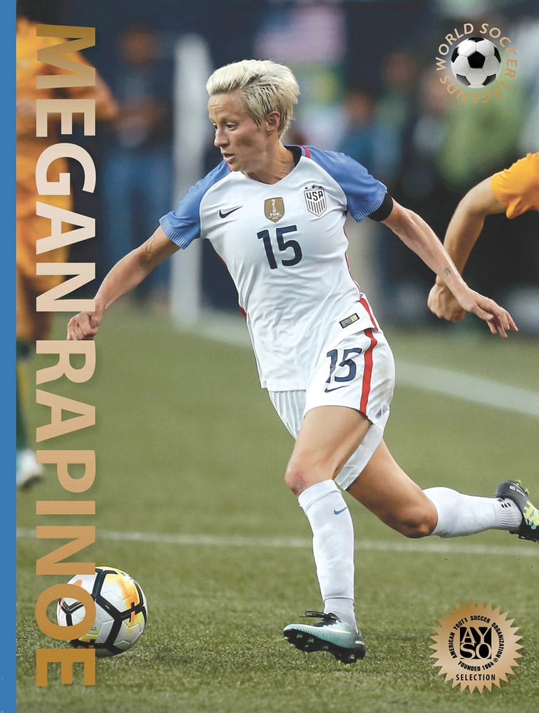 Megan Rapinoe in action on the pitch for the U.S national soccer team, MEGAN RAPINOE in gold shiny font down left edge.