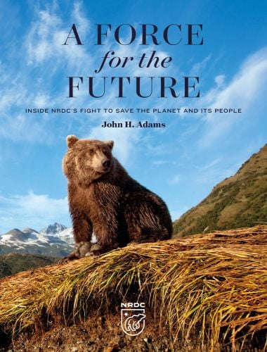 Large brown bear sitting on top of grassy mound, mountainous landscape behind, A FORCE for the FUTURE in blue font above.