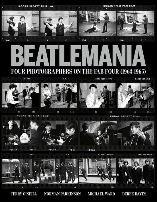 Black and white photo montage of landscape shots of the Beatles in various promo and studio poses with Beatlemania Four Photographers on the Fab Four in grey and white font