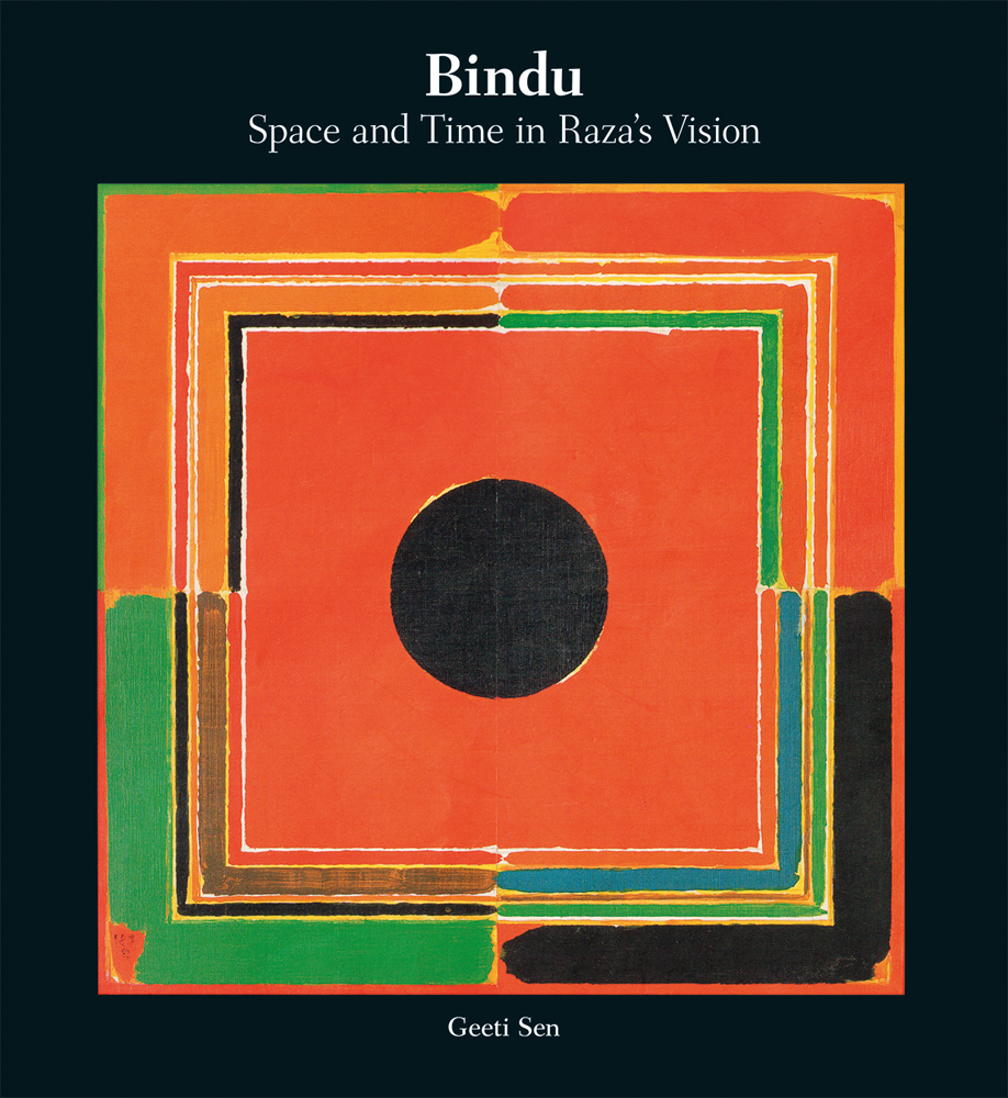 Book cover of Bindu: Space and Time in Raza's Vision, with an abstract painting with squares and a circle. Published by Mapin Publishing.