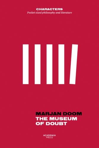 5 white oblong shapes to centre, last shape slightly askew, red cover, MARJAN DOOM THE MUSEUM OF DOUBT in black and white font below.