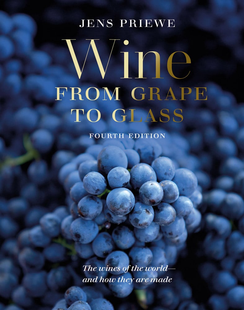 Book cover of Wine from Grape to Glass, with a close up of a variety of black wine grapes. Published by Abbeville Press.