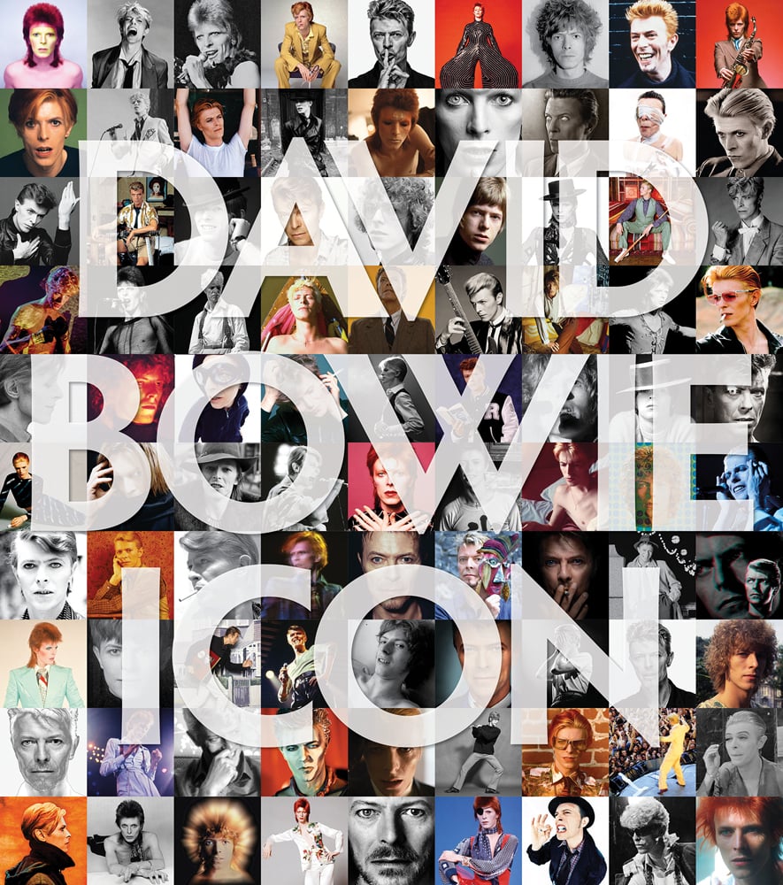 Montage of ninety iconic shots of David Bowie from all eras, DAVID BOWIE ICON, in white transparent font to centre.