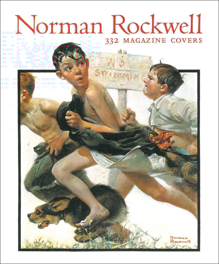 Book cover of Norman Rockwell: 332 Magazine Covers, with an illustration of three boys and a dog running, with 'no swimming' sign behind. Published by Abbeville Press.