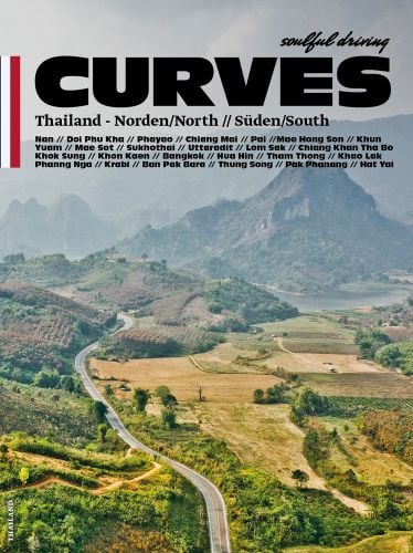 High angled shot of lush green mountainous landscape of Thailand soulful driving CURVES in black font above.