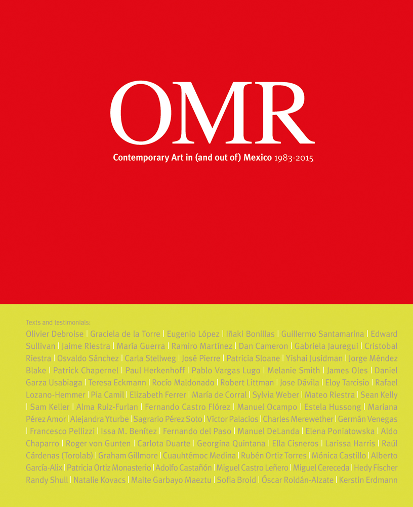 OMR in white font on red top half cover, list of artists' names below on yellow bottom half.