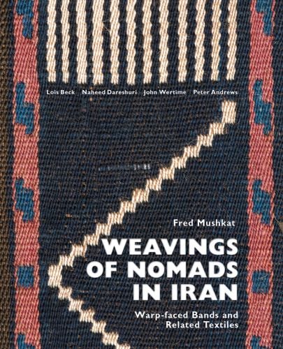 Black woven fabric with red and blue pattern to edges, WEAVINGS OF NOMADS IN IRAN in white font below.