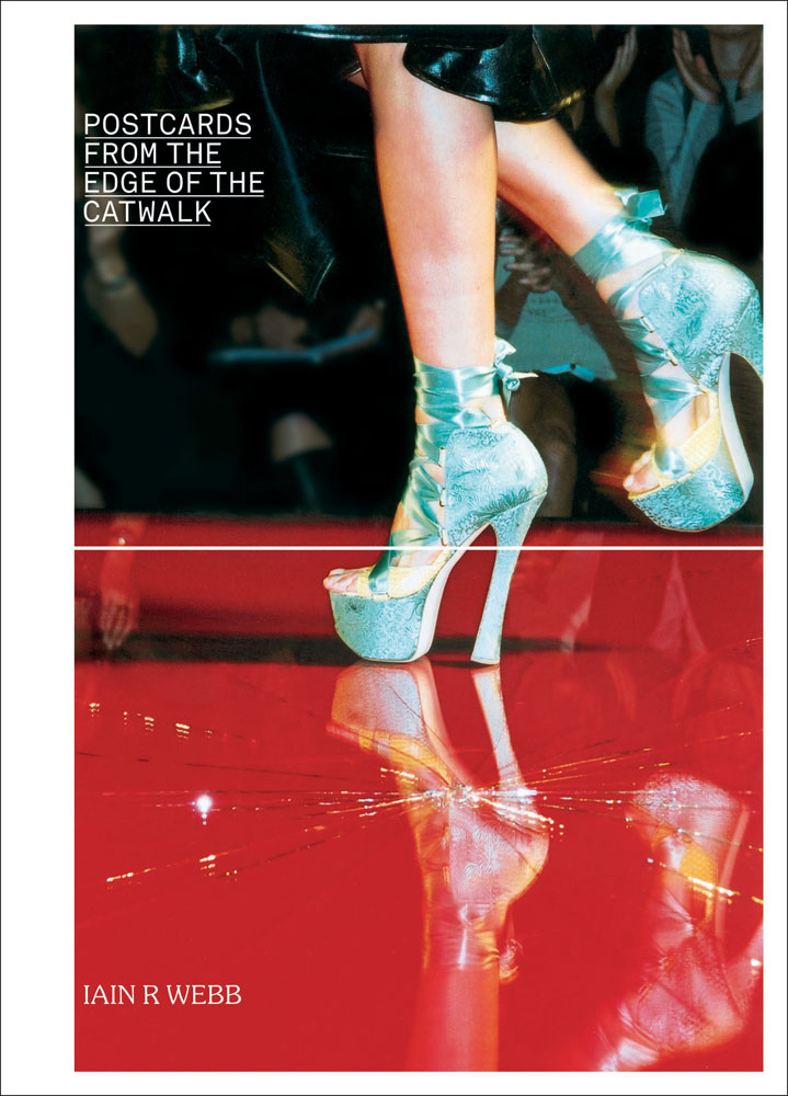 Legs of fashion catwalk model in mint green glitter platforms, with ribbon ties, on cover of 'Postcards from the Edge of the Catwalk', by ACC Art Books.