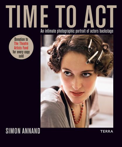 English actress Phoebe Waller-Bridge with silver hair clips in curled hair, on navy cover of 'Time to Act, An Intimate Photographic Portrait of Actors Backstage', by Lannoo Publishers.