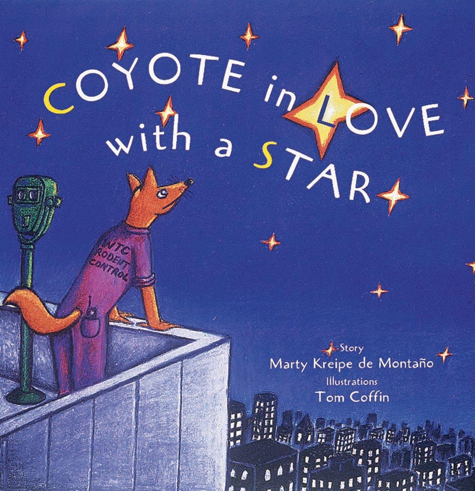 Book cover of Coyote in Love With a Star, with a Coyote in blue overalls gazing at big yellow star in night sky overlooking cityscape. Published by Abbeville Press.