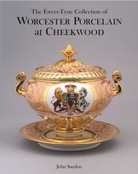 Porcelain sauceboat in pink with gold handles, lion and horse crest to front, on cover of 'Ewers-tyne Collection of Worcester Porcelain at Cheekwood', by ACC Art Books.