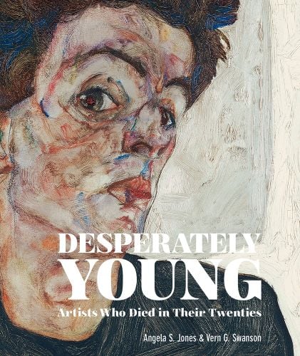 Self portrait of Egon Schiele looking towards the viewer with pursed lips, Desperately Young Artists Who Died in Their Twenties in white font below.
