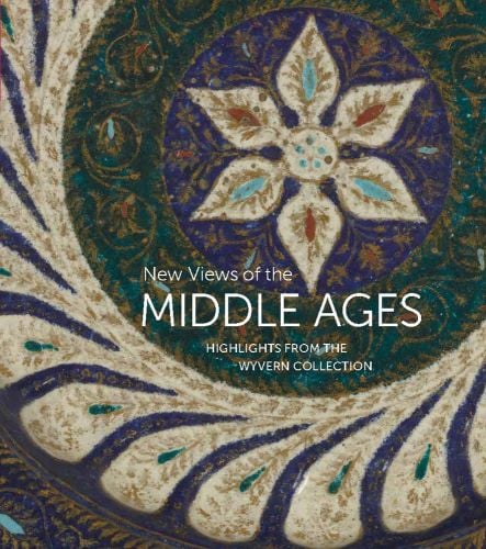 Decorative medieval art plate in blue, green, cream and gold, New Views of the MIDDLE AGES in white font below.