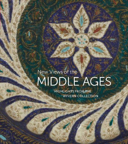 Decorative medieval art plate in blue, green, cream and gold, New Views of the MIDDLE AGES in white font below.