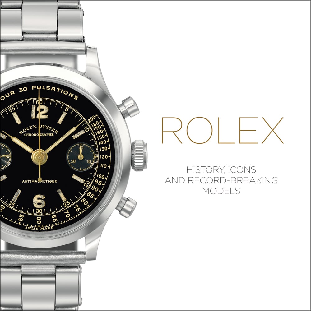 Book cover of Rolex, History, Icons and Record-Breaking Models, featuring a silver Rolex oyster watch, with black face. Published by ACC Art Books.