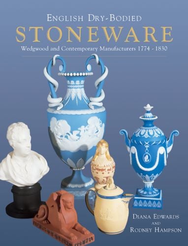 Collection of stoneware objects: blue and white vases, bust and sphinx, on cover of 'English Dry-bodied Stoneware', by ACC Art Books.