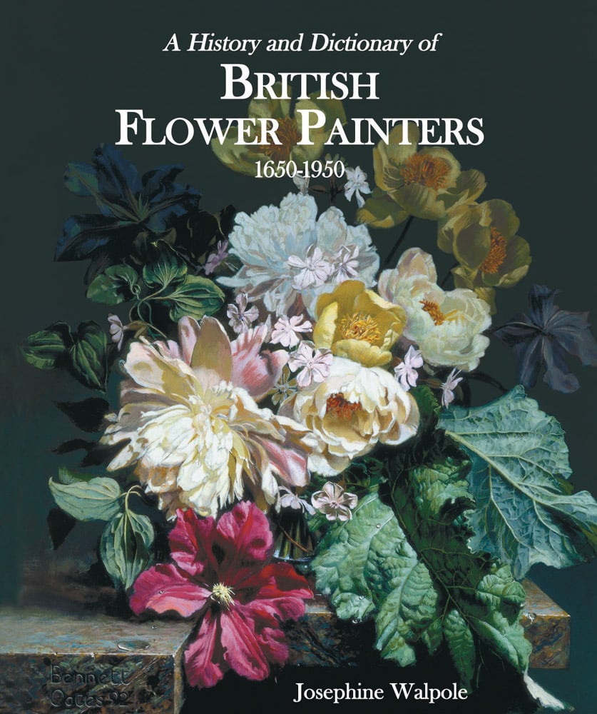Hyper realistic painting of bouquet of flowers on marble top, on cover of 'History and Dictionary of British Flower Painters', by ACC Art Books.