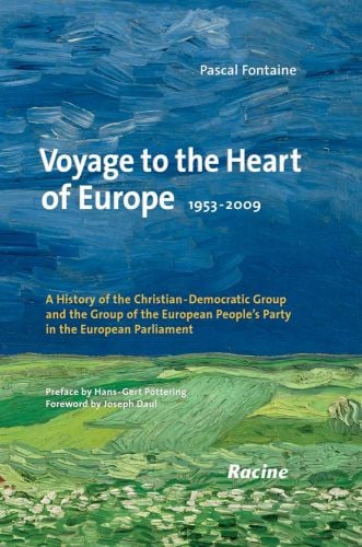 Impressionist landscape painting, blue sky and green fields, on cover of 'Voyage to the Heart of Europe 1953-2009', by Lannoo Publishers.