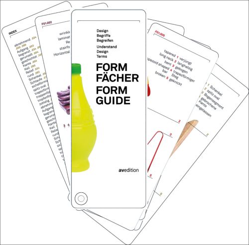 Illustration of design guide pages, bound together, on white cover, Form Facher Form Guide in black font to centre