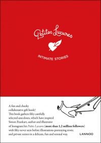 Ink drawing of elegant hand stretching a pair of knickers, on cover of 'Petites Luxures, Intimate stories', by Lannoo Publishers.