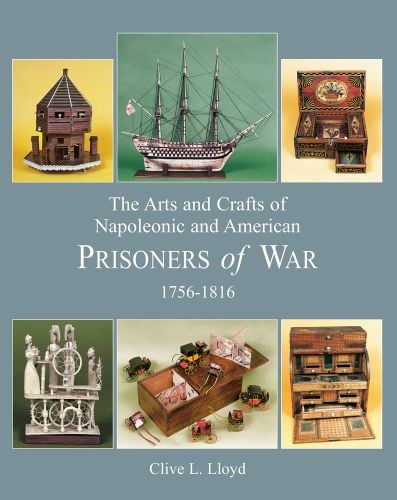 Collection of wooden crafts, ship, boxes, on cover of 'Arts and Crafts of Napoleonic and American Prisoners of Wars 1756-1816', by ACC Art Books.