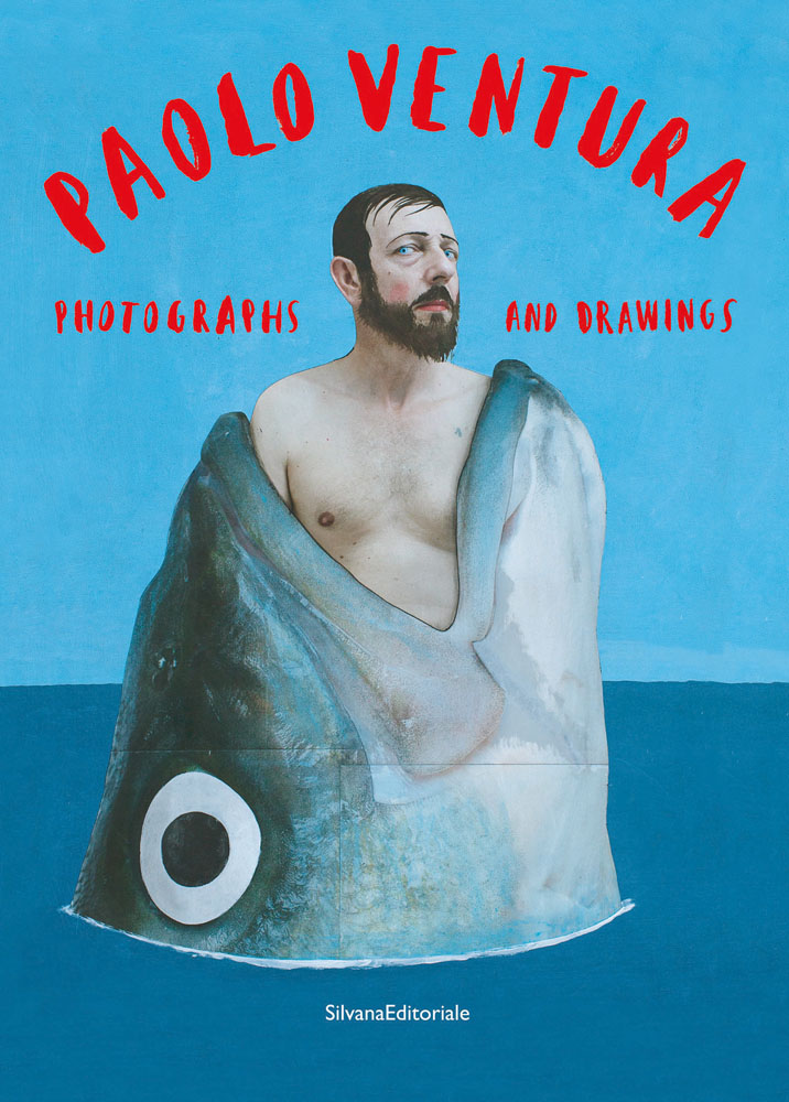 Surrealist painting of man being swallowed by large fish in blue sea, PAOLO VENTURA PHOTOGRAPHS AND DRAWINGS in red font above.