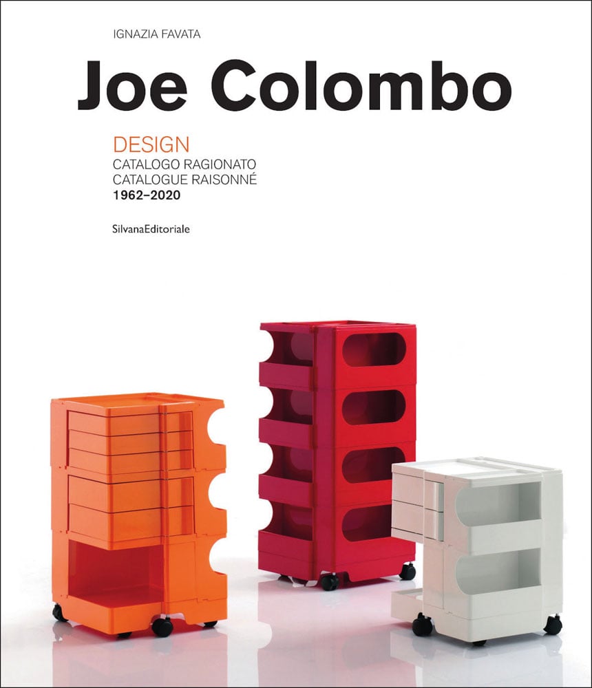 White cover with 3 plastic drawer trolleys in orange, red and white with Joe Colombo in black font above