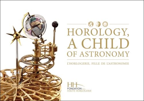 White landscape book cover of Horology, a Child of Astronomy, featuring a closeup of a planetary clock. Published by Watchprint.com