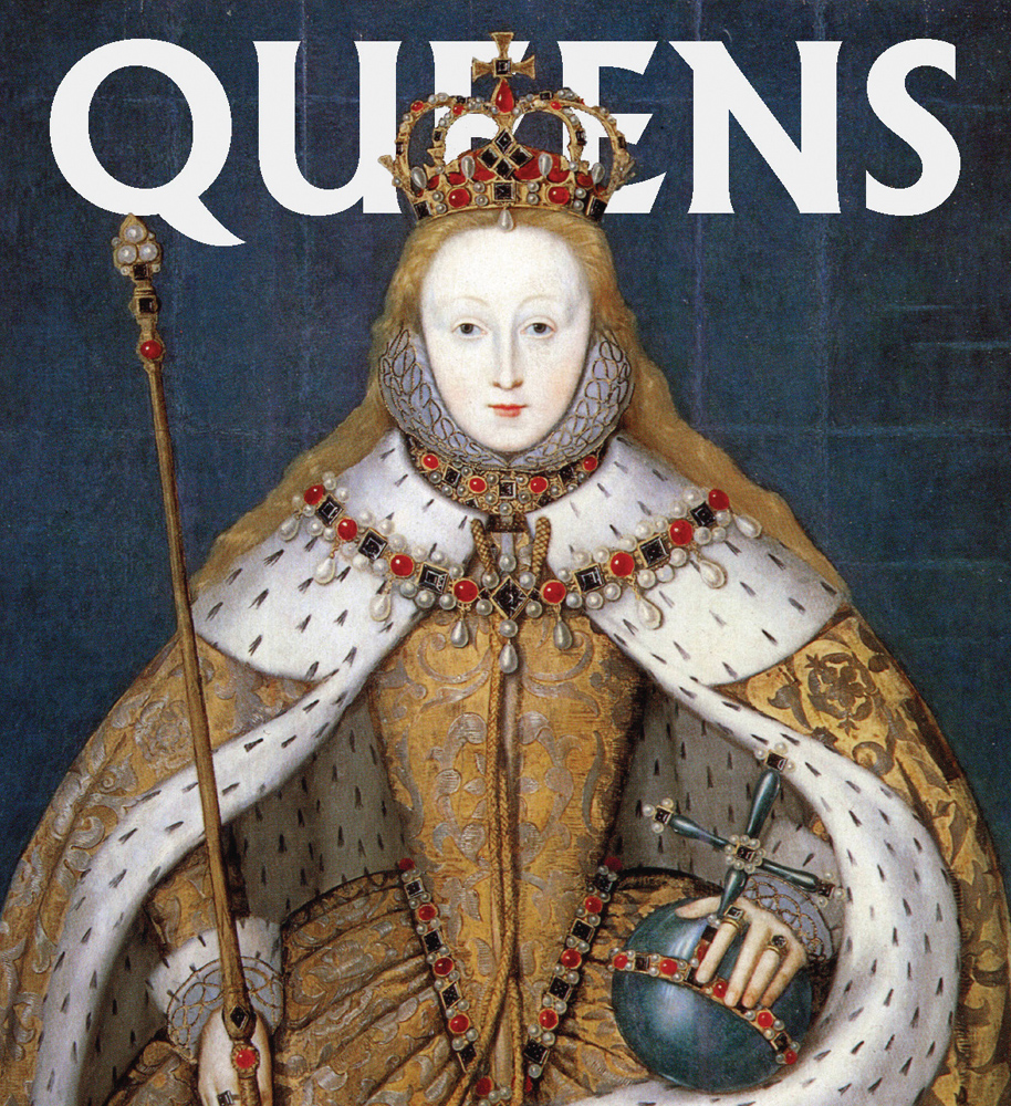 Painting of Queen Elizabeth I in gold dress with crown jewels, dark blue backdrop, Queens in white font above