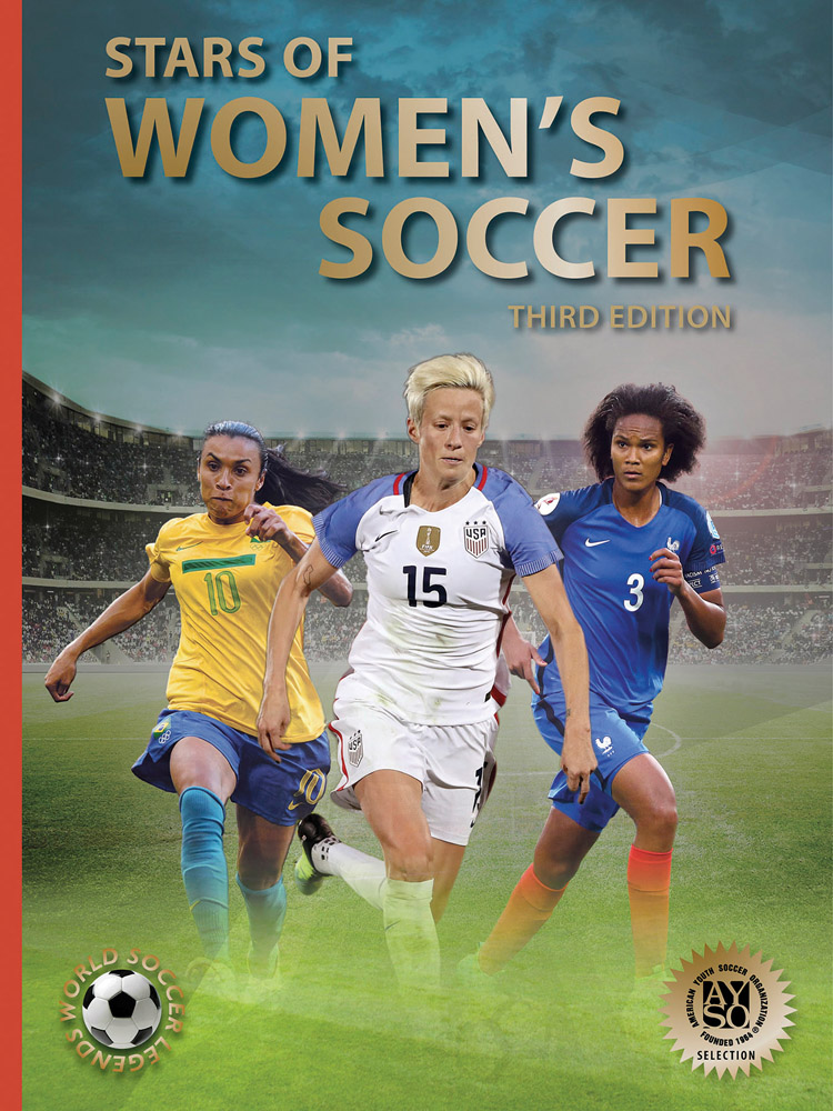 Book cover of Stars of Women’s Soccer, featuring footballers Marta, Megan Rapinoe and Wendie Renard, in action on stadium pitch. Published by Abbeville Press.