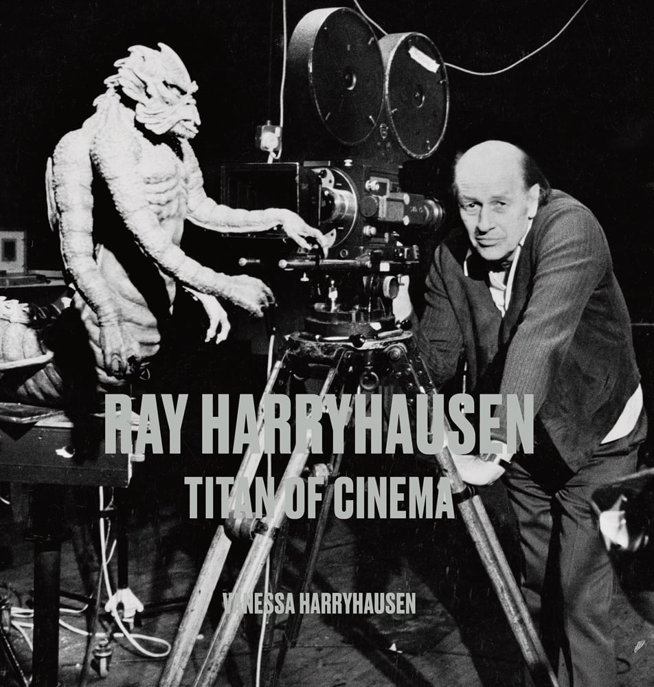 Ray Harryhausen leaning against large studio camera, with model of the Kraken from Clash of the Titans, RAY HARRYHAUSEN TITAN OF CINEMA in grey font below.