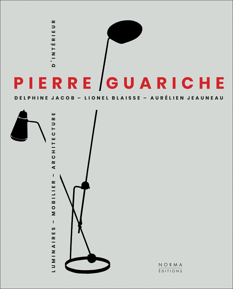Black silhouette of tall adjustable lamp, on grey cover, PIERRE GUARICHE in red font to upper portion.
