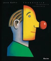 Bold graphic of man wearing yellow mask with large red nose, on black cover of 'Josse Goffin, Inventaire - Inventaris - Inventory', by Lannoo Publishers.