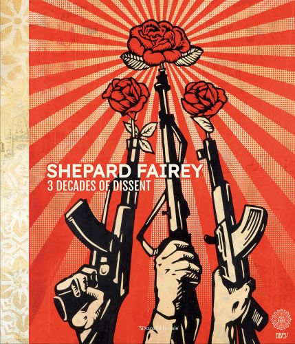 Guns & Roses art print by Shepard Fairey in orange and white, SHEPARD FAIREY 3 DECADES OF DISSENT in white font to centre left.