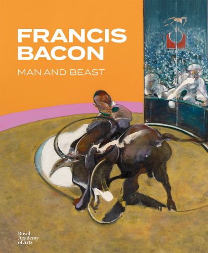 Colour photograph of an oil painting by Francis Bacon of a bull and fighter in the ring with Francis Bacon Man and Beast in white